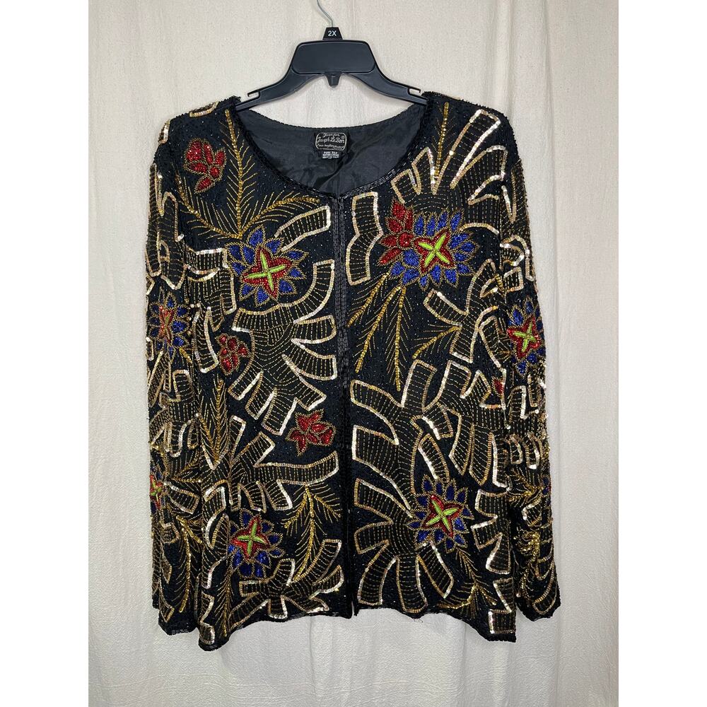 1980s Jean for Joseph Le Bon Silk Beaded Glam Regency Swiftie Glitz Cardigan XXL